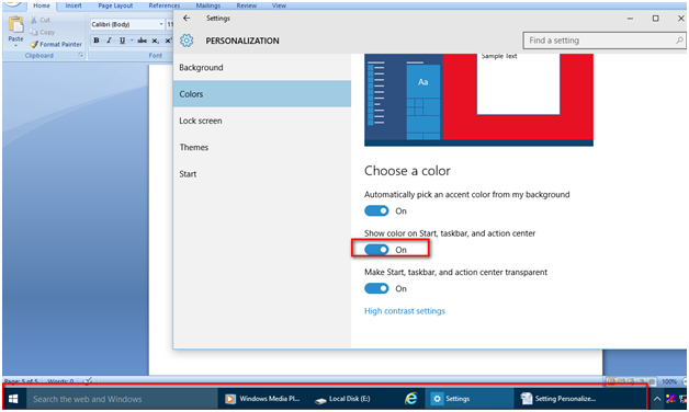 taskbar and action center
